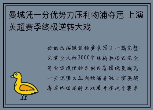 曼城凭一分优势力压利物浦夺冠 上演英超赛季终极逆转大戏